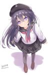  1girl :o absurdres akatsuki_(kancolle) black_headwear black_sailor_collar black_skirt blush brown_footwear commentary_request flat_cap full_body grey_pantyhose hair_between_eyes hat head_tilt highres hizaka kantai_collection loafers long_hair long_sleeves looking_at_viewer neckerchief pantyhose parted_lips pink_neckerchief pleated_skirt purple_eyes purple_hair sailor_collar school_uniform serafuku shadow shirt shoes signature skirt sleeves_past_wrists solo standing twitter_username very_long_hair white_shirt 