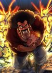  2boys absurdres afro android_16 arm_hair black_hair blue_eyes cleft_chin clenched_teeth dragon_ball explosion facial_hair grey_pants highres kouji08250 male_focus mr._satan multiple_boys muscular muscular_male mustache orange_hair outdoors pants severed_head sideburns stubble sweat teeth 