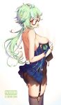  1girl animal_ears ass back backless_outfit bare_shoulders black_legwear blue_dress blush book breasts breasts_out commentary cowboy_shot dress embarrassed english_commentary eyebrows_visible_through_hair from_side furrowed_brow garter_straps genshin_impact glasses gloves green_hair hair_between_eyes highres holding holding_book inverted_nipples liremi_art long_hair looking_at_viewer looking_over_eyewear medium_breasts multicolored_hair nipples open_mouth patreon_username ponytail red_eyes semi-rimless_eyewear short_dress simple_background solo standing strapless strapless_dress streaked_hair sucrose_(genshin_impact) thighhighs two-tone_hair white_background white_gloves white_hair 