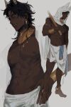  1boy abs animal_ears anpu_(monmeon) artist_name bare_legs black_hair closed_eyes closed_mouth dangle_earrings dark-skinned_male dark_skin earrings facial_mark feet forehead_mark gold_anklet gold_armlet gold_bracelet gold_necklace highres holding holding_weapon hood hood_up jackal_ears jewelry medium_hair monmeon multiple_views muscular muscular_male necklace nipples open_mouth original over_shoulder pectorals simple_background smile standing topless_male usekh_collar very_dark_skin weapon weapon_over_shoulder white_background white_loincloth 