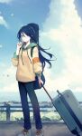  1girl :o arm_at_side blue_eyes blue_hair blue_pants blue_sky cloud cloudy_sky cumulonimbus_cloud day drawstring falling_leaves from_side full_body hair_between_eyes hand_on_own_chin highres holding holding_suitcase hood hood_down hoodie hoshino_ichika_(project_sekai) instrument_case instrument_on_back leaf long_hair long_sleeves looking_at_viewer open_mouth outdoors pants parted_bangs project_sekai railing ritzchrono shoes sidelocks sky sneakers solo straight_hair suitcase white_footwear yellow_hoodie 