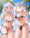  2girls absurdres artist_name bikini black_choker blue_eyes blue_hair blue_nails breasts choker cleavage cloud cup drinking_straw earrings eyewear_on_head facial_mark food fruit glasses grey_hair gudanco_(nyanmeowzer) hair_between_eyes hand_on_own_thigh heart_o-ring heterochromia highres holding holding_cup indie_virtual_youtuber jewelry large_breasts long_hair milkie_(vtuber) mole mole_under_eye multiple_girls navel navel_piercing necklace o-ring o-ring_thigh_strap open_mouth orange_(fruit) orange_slice palm_leaf piercing pink_eyes prot0type7 round_eyewear second-party_source side-tie_bikini_bottom sky sparkle swimsuit thigh_strap twintails virtual_youtuber white_bikini yellow_eyes yellow_nails 
