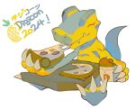  765_nanami agumon claws closed_eyes colored_skin digimon digimon_(creature) eating fangs fewer_digits food highres holding holding_food holding_pizza orange_skin pizza reptile reptile_boy sharp_teeth simple_background sitting teeth white_background 