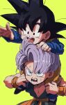  black_eyes black_hair blonde_hair blue_eyes blue_shirt blurry blurry_foreground carrying dragon_ball dragon_ball_z green_shirt highres kometubu0712 long_sleeves open_mouth orange_shirt purple_hair shirt shoulder_carry simple_background sleeveless sleeveless_shirt smile son_goten spiked_hair trunks_(dragon_ball) 