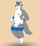 anthro antlers belly blush canid canine canis chromawolf claws colored_fur crotch_tuft digitigrade horn hybrid male mammal navel nipples pecs slightly_chubby solo thick_thighs tuft wolf