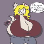  amanda_(flufflewdzthings) anthro bandage big_breasts blonde_hair bottomwear breasts cleavage clothed clothing dialogue domestic_cat ear_piercing ear_ring felid feline felis female flufflewdzthings hair holding_object holding_phone huge_breasts hyper hyper_breasts mammal phone piercing shorts solo speech_bubble text thick_thighs 