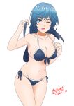  1girl ;d bare_arms bare_shoulders bikini blue_bikini blue_eyes blue_hair breasts cleavage collarbone commentary_request dated front-tie_bikini_top front-tie_top groin hair_between_eyes hands_up holding holding_hair jaku-chara_tomozaki-kun long_hair looking_at_viewer medium_breasts nanami_minami navel one_eye_closed sakayaya side-tie_bikini_bottom signature simple_background smile solo standing swimsuit very_long_hair white_background 