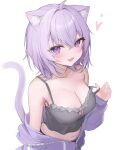  1girl absurdres ahoge animal_ears breasts camisole cat_ears cat_tail grey_camisole heart highres hololive iruka3 jacket large_breasts midriff navel nekomata_okayu nekomata_okayu_(membership) purple_eyes purple_hair purple_jacket tail virtual_youtuber white_background 