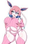absurd_res anthro big_breasts blue_eyes blue_highlights breasts clothed clothing eeveelution female fur generation_6_pokemon hair hi_res highlights_(coloring) huge_breasts legwear mammal meme meme_clothing nintendo pink_hair pokemon pokemon_(species) simple_background solo soulkibble stockings sweater sylveon tail topwear virgin_killer_sweater white_body white_fur