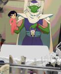  1boy 1girl absurdres armor baggy_pants bathroom bathtub black_eyes black_hair blue_sash bodysuit cape cellphone colored_skin commentary dragon_ball dragon_ball_z english_commentary faucet frown green_skin hand_up highres holding holding_phone how_to_hold_my_baby_redraw_(meme) indoors looking_at_viewer meme namekian nubi_mei pan_(dragon_ball) pants phone photo-referenced photo_background piccolo pink_bodysuit pointy_ears purple_pants sash selfie short_hair shoulder_armor smartphone soap_bottle squeeze_bottle white_cape 