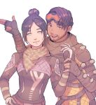  1boy 1girl animification apex_legends belt black_bodysuit black_gloves black_hair blue_eyes bodysuit borrowed_accessory breasts brown_belt brown_hair checkered_clothes checkered_scarf dark-skinned_male dark_skin fingerless_gloves gloves green_scarf hair_bun hand_on_own_hip head_tilt highres holding_another&#039;s_wrist looking_at_viewer medium_breasts mirage_(apex_legends) no_pupils orange_bodysuit parted_bangs pipa_(1pgjsf1) scarf simple_background single_hair_bun smile white_background wraith_(apex_legends) 