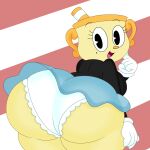  2022 3barts 4k absurd_res animate_inanimate bent_over big_breasts bottomwear breasts clothing cuphead_(game) curvy_figure digital_media_(artwork) eyelashes female fingers for_a_head gloves hand_on_hip handwear hi_res hourglass_figure huge_breasts humanoid looking_at_viewer looking_back markings mole_(marking) ms._chalice not_furry object_head panties rear_view simple_background simple_eyes skirt smile solo standing straw thick_thighs tongue underwear video_games voluptuous wide_hips yellow_body yellow_skin 