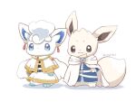  :3 alolan_vulpix animal_focus artist_name belt blue_eyes brown_eyes brown_fur cape capelet closed_mouth commentary_request cosplay dress drop_earrings earrings eevee frieren frieren_(cosplay) gold_trim himmel_(sousou_no_frieren) himmel_(sousou_no_frieren)_(cosplay) jewelry kana_(maple926) no_humans pokemon pokemon_(creature) simple_background smile sousou_no_frieren standing tail twitter_username white_background white_cape white_capelet white_dress 