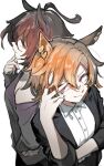  2girls agnes_tachyon_(umamusume) ahoge animal_ears arm_under_breasts back-to-back black_jacket breasts brown_hair closed_mouth collared_shirt duyu_(guliguli_056) elbow_rest finger_to_own_chin hand_on_own_face hand_on_own_hip highres horse_ears jacket long_sleeves looking_at_viewer multiple_girls off_shoulder open_clothes open_jacket orange_hair purple_shirt red_eyes shirt short_hair simple_background small_breasts smile t.m._opera_o_(umamusume) umamusume upper_body white_background white_shirt 