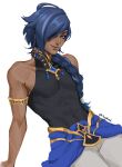  1boy abs absurdres alternate_costume bare_shoulders black_shirt blue_eyes blue_hair braid compression_shirt dark-skinned_male dark_skin eyepatch freckles genshin_impact gold_armlet hand_on_ground highres jewelry kudsnk leaning_back long_hair looking_at_viewer muscular muscular_male pants pectorals scar scar_on_chest shirt simple_background single_braid sitting skinny sleeveless sleeveless_shirt smile solo white_background white_pants 