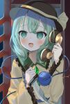 1girl absurdres black_headwear blush bow buttons commentary_request corded_phone diamond_button eyeball frilled_shirt_collar frilled_sleeves frills green_eyes green_hair hat hat_bow highres holding holding_knife holding_phone knife komeiji_koishi long_sleeves medium_hair okome2028 open_mouth phone shirt smile solo third_eye touhou wide_sleeves yellow_bow yellow_shirt 