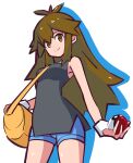  1girl bag bare_shoulders black_shirt blue_shorts brown_eyes brown_hair closed_mouth green_(pokemon) hair_between_eyes holding holding_poke_ball long_hair looking_at_viewer poke_ball poke_ball_(basic) pokemon pokemon_lgpe sakuraidai shirt shorts shoulder_bag sleeveless sleeveless_shirt smile solo white_background yellow_bag 