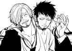  2boys blush chest_tattoo chief_(chiefvinsmoke) cigarette closed_eyes curly_eyebrows earrings facial_hair goatee hair_over_one_eye head_on_another&#039;s_shoulder holding holding_cigarette jacket jewelry korean_commentary long_sleeves male_focus monochrome multiple_boys necktie one_piece sanji_(one_piece) shirt short_hair smile tattoo teeth trafalgar_law v-shaped_eyebrows yaoi 