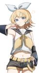  &gt;:( 1girl :&lt; angry annoyed bare_shoulders belt belt_buckle black_sailor_collar black_shorts black_sleeves blonde_hair blue_eyes bow buckle cowboy_shot crop_top detached_sleeves from_below frown hair_bow hair_ornament hairclip hand_on_own_hip head_steam head_tilt headphones headset highres kagamine_rin light_blush looking_at_viewer looking_down md_amati midriff navel neckerchief sailor_collar sailor_shirt shirt short_hair short_shorts shorts sleeveless sleeveless_shirt solo swept_bangs treble_clef v-shaped_eyebrows vocaloid white_bow yellow_belt yellow_neckerchief 