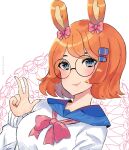  1girl animal_ears art_trade artist_name blue_eyes blue_sailor_collar borrowed_character bow bowtie closed_mouth collared_shirt commentary english_commentary english_text eyelashes glasses hair_bow hair_ornament hairclip light_blush long_sleeves looking_at_viewer nail_polish orange_hair orange_nails original pink_bow pink_bowtie pink_lips rabbit_ears round_eyewear sailor_collar sailor_shirt shirt short_hair simple_background sleeves_past_wrists smile solo suna--chan upper_body v white_background white_shirt white_sleeves 