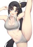  1girl :d alternate_costume black_hair blue_eyes blush breasts commentary_request fate/grand_order fate_(series) highres long_hair looking_at_viewer medium_breasts navel parted_bangs pinta_(ayashii_bochi) revision shiny_skin side_ponytail smile solo sports_bra sports_panties standing standing_on_one_leg teeth thighs underwear upper_teeth_only ushiwakamaru_(fate) v very_long_hair white_background white_sports_bra 