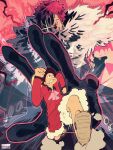  2boys arm_tattoo black_hair black_shirt charlotte_katakuri dutch_angle emphasis_lines facing_viewer fleeing foreshortening fur-trimmed_shorts fur_scarf fur_trim haki highres looking_at_another male_focus monkey_d._luffy multiple_boys one_piece outline outstretched_hand pink_background pink_hair pink_outline pink_theme red_suit running sandals sanpaku scarf shirt short_hair shorts size_difference suit taku_(aywakutakuay) tattoo teeth v-shaped_eyebrows very_short_hair 