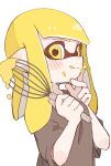  1girl :p batter black_shirt blonde_hair blunt_bangs blush blush_stickers closed_mouth commentary_request food food_on_face food_on_hand highres holding holding_whisk inkling inkling_girl inkling_player_character long_hair looking_to_the_side pointy_ears shirt sif_ly solo splatoon_(series) tentacle_hair tongue tongue_out upper_body whisk white_background yellow_eyes 