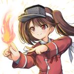  1girl brown_eyes brown_hair fire flame highres japanese_clothes kantai_collection kariginu red_shirt ryuujou_(kancolle) shirt simple_background smile solo twintails upper_body visor_cap white_background yashin_(yasinz) 