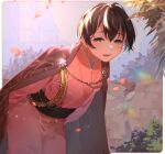  1boy axis_powers_hetalia banozinnyuna bishounen black_hair blurry blurry_background blush brick_wall cherry_blossoms commentary_request facing_viewer falling_petals hair_between_eyes half-closed_eyes happy japan_(hetalia) japanese_clothes kimono leaning_forward looking_at_viewer male_focus open_mouth outdoors outside_border petals pink_kimono short_hair solo standing yellow_eyes 