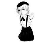  1girl beret blush fang greyscale hat hatoba_tsugu looking_at_viewer mole mole_under_eye monochrome nekopantsu_(blt) open_mouth short_hair simple_background sketch skirt solo suspender_skirt suspenders tsugu_(vtuber) virtual_youtuber 