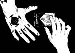  2boys arm_tattoo chief_(chiefvinsmoke) cigarette cigarette_pack english_text finger_tattoo fingernails hand_focus hand_tattoo holding holding_cigarette male_focus monochrome multiple_boys one_piece out_of_frame sanji_(one_piece) tattoo trafalgar_law yaoi 