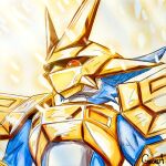 armor artist_name blue_skin colored_skin covered_face digimon digimon_(creature) dragon from_below gloria_(ggggggsan1) glowing gold_armor light_particles looking_down magnamon red_eyes upper_body white_background 