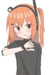  1girl a.i._voice adachi_rei android anmitsu_kina black_shirt blush commentary embarrassed fang hair_ornament hair_ribbon hand_up headlamp headphones highres joints lens_eye looking_at_viewer medium_hair one_side_up open_mouth orange_eyes orange_hair radio_antenna ribbon robot_joints shirt simple_background skin_fang sleeves_pushed_up solo text_in_eyes turtleneck upper_body utau white_background white_ribbon 