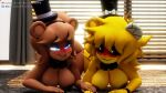 animatronic anthro bear big_breasts blinds blonde_hair blue_eyes blush bow_tie breasts brown_hair clothing curtains duo female female/female five_nights_at_freddy&#039;s freddy_(fnaf) fredina&#039;s_nightclub fredina_(cally3d) ghost glowing glowing_eyes golden_freddy_(fnaf) golden_fredina_(cally3d) hair hat headgear headwear hi_res machine mammal robot scottgames silver2299 spirit top_hat