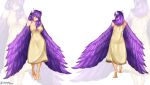  1girl bare_shoulders bird_legs bow braid breasts commentary commission dress english_commentary feather_hair feathered_wings feathers green_eyes harpy heterochromia highres large_breasts likunea long_hair monster_girl multiple_views original patreon_username pointy_ears purple_bow purple_feathers purple_wings red-framed_eyewear semi-rimless_eyewear single_braid sleeveless sleeveless_dress smile talons twitter_username white_background winged_arms wings yellow_dress yellow_eyes zoom_layer 