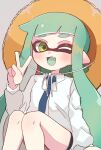  1girl :d black_shorts blue_necktie blush collared_shirt commentary_request ear_blush fang green_eyes green_hair grey_background hat highres inkling inkling_girl inkling_player_character long_hair necktie one_eye_closed open_mouth pointy_ears shirt shorts sif_ly skin_fang smile solo splatoon_(series) straw_hat tentacle_hair v white_shirt 