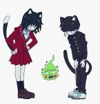  1boy 1girl animal_ears black_eyes black_hair black_pants bowl_cut brown_footwear cat_boy cat_ears cat_girl cat_tail closed_mouth commentary_request ekubo_(mob_psycho_100) full_body gakuran jacket kageyama_shigeo kemonomimi_mode korean_commentary kurata_tome loafers long_sleeves looking_at_another mob_psycho_100 pants red_jacket red_skirt rksle_100 school_uniform shoes short_hair simple_background skirt smile spirit standing tail white_background 