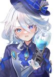  1girl arm_at_side ascot black_gloves blue_ascot blue_brooch blue_eyes blue_hair blue_headwear blue_jacket blush cup drink drinking_glass furina_(genshin_impact) genshin_impact gloves hair_intakes hand_up hat head_tilt heterochromia highres holding holding_drink jacket long_sleeves looking_at_viewer medium_hair multicolored_hair nikoge_(25ge_dayo) nose_blush open_mouth portrait rectangular_mouth shirt simple_background solo tearing_up teeth top_hat two-tone_hair upper_teeth_only v-shaped_eyebrows white_background white_hair white_shirt wine_glass 