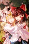  2girls absurdres apron blonde_hair bow braid brown_hair carrying closed_eyes commentary_request frilled_bow frilled_hair_tubes frills hair_bow hair_tubes hakurei_reimu hat hat_bow highres kirisame_marisa light_blush long_hair long_sleeves multiple_girls open_mouth princess_carry red_bow rivergod side_braid signature single_braid smile touhou waist_apron white_bow witch_hat yuri 