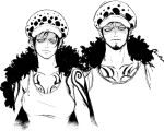  1boy 1girl bags_under_eyes breast_tattoo breasts cape chest_tattoo chief_(chiefvinsmoke) closed_mouth collarbone dual_persona earrings facial_hair frown fur_cape fur_hat genderswap genderswap_(mtf) goatee hat jewelry lips looking_at_viewer medium_breasts monochrome one_piece short_hair shoulder_tattoo sketch tank_top tattoo trafalgar_law v-shaped_eyebrows 