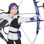  1girl archery arrow_(projectile) asirpa black_hair black_pants blue_eyes blue_headwear bow_(weapon) chengongzi123 chest_guard closed_mouth commentary cowboy_shot drawing_bow earrings gloves golden_kamuy grey_jacket hands_up highres holding holding_bow_(weapon) holding_weapon hoop_earrings jacket jewelry long_hair long_sleeves olympics pants playing_sports simple_background single_glove standing symbol-only_commentary very_long_hair visor_cap weapon white_background 