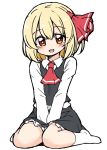  1girl arms_between_legs ascot bangs black_skirt black_vest blonde_hair collared_shirt hair_ribbon highres long_sleeves looking_at_viewer red_ascot red_eyes red_ribbon ribbon rumia shirt short_hair sitting skirt skirt_set smile socks solo suwa_yasai tareme teeth touhou upper_teeth vest wariza white_background white_legwear white_shirt 