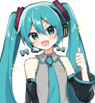  1girl 39 :d akikan_sabago bare_shoulders black_sleeves blue_eyes blue_hair blue_necktie blush collared_shirt detached_sleeves dot_nose frilled_shirt frills grey_shirt hair_between_eyes hand_up hatsune_miku head_tilt headset long_sleeves looking_at_viewer microphone miku_day necktie open_mouth shirt simple_background sleeveless sleeveless_shirt smile solo sparkle thumbs_up twintails v-shaped_eyebrows vocaloid white_background 
