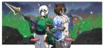 anthro armor balls biped brown_hair calico_cat clothed clothing domestic_cat duo erection felid feline felis fur genitals glans hair holding_object holding_weapon humanoid_genitalia humanoid_penis male mammal munkeesgomu penis weapon white_body white_fur