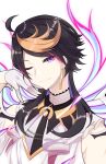  1boy bangs bare_shoulders black_hair brown_hair closed_mouth commentary earrings eyebrows_visible_through_hair gloves half_gloves hand_up head_tilt highres jewelry long_hair male_focus multicolored_hair nijisanji nijisanji_en one_eye_closed parted_bangs pink_hair purple_eyes purple_hair shirasu_youichi shirt shu_yamino simple_background sleeveless sleeveless_shirt solo streaked_hair virtual_youtuber white_background white_gloves white_shirt 