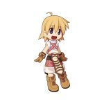  1girl ahoge armor backpack bag black_eyes blonde_hair boots breastplate brown_footwear brown_gloves brown_shorts chibi full_body gloves grin looking_at_viewer medium_bangs novice_(ragnarok_online) official_art ragnarok_online short_hair shorts simple_background smile solo standing tachi-e transparent_background yuichirou 