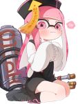  1girl :3 amedama_893 black_footwear boots closed_mouth cross-laced_footwear grid_background hat highres hydra_splatling_(splatoon) inkling inkling_girl inkling_player_character long_hair looking_at_viewer ofuda own_hands_together pink_eyes pink_hair pointy_ears qingdai_guanmao seiza simple_background sitting sleeves_past_fingers sleeves_past_wrists smile solo splatoon_(series) splatoon_3 star-shaped_pupils star_(symbol) symbol-shaped_pupils tentacle_hair 