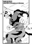 anthro black_and_white bruised canid canine canis chapter_intro clenched_teeth clothing cobalt_beast comic crisis crisis_ch1 dust_cloud hi_res intro_panel latex latex_clothing latex_skinsuit male mammal mask monochrome muscular samaraka skinsuit solo superhero teeth text tight_clothing wolf