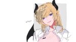  1girl blonde_hair blue_eyes collarbone collared_shirt commentary_request demon_horns demon_wings head_tilt highres hirako_daishougun hololive horns looking_at_viewer medium_hair negative_space open_mouth pointy_ears shirt solo upper_body virtual_youtuber white_shirt wings yuzuki_choco 