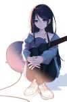  1girl absurdres black_eyes black_hair black_pants blue_jacket closed_mouth collarbone crossed_ankles full_body guitar hair_between_eyes highres holding holding_instrument hoshino_ichika_(project_sekai) hugging_object instrument interlocked_fingers jacket long_hair long_sleeves looking_to_the_side off_shoulder open_clothes open_jacket own_hands_together pants project_sekai ritzchrono shadow shirt shoes sidelocks sideways_glance simple_background sitting smile sneakers solo straight_hair white_background white_footwear white_shirt 